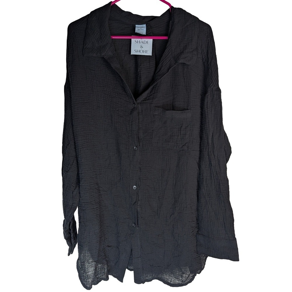 Shade & Shore Button Down Shirt Women Size L Black Gauze Cotton Beach Coverup L